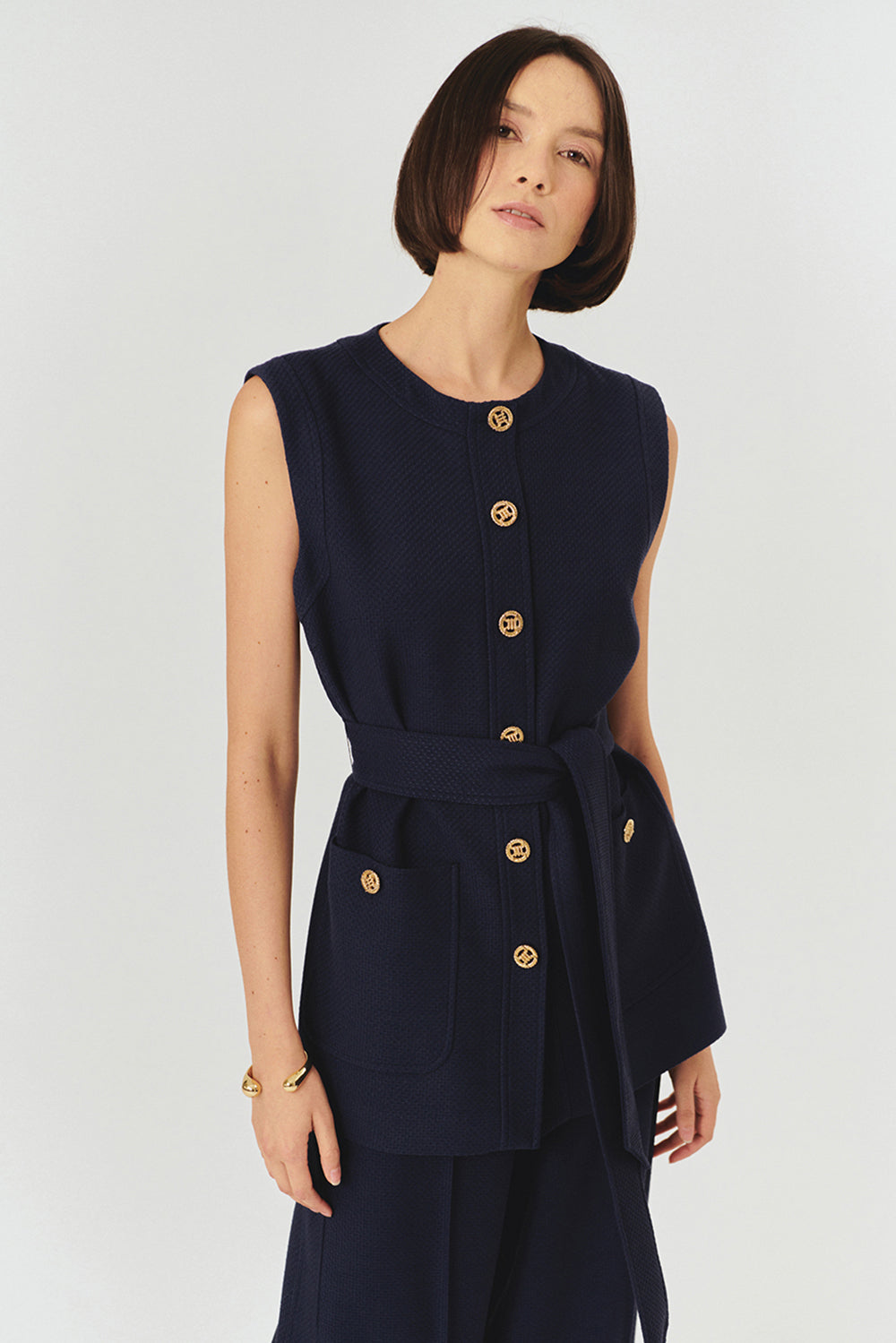 Gold Düğme Detaylı Kuşaklı Dokulu Kumaş Cepli Slim Fit Lacivert Yelek