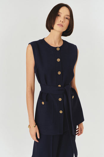 Gold Düğme Detaylı Kuşaklı Dokulu Kumaş Cepli Slim Fit Lacivert Yelek