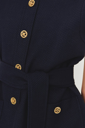 Gold Düğme Detaylı Kuşaklı Dokulu Kumaş Cepli Slim Fit Lacivert Yelek