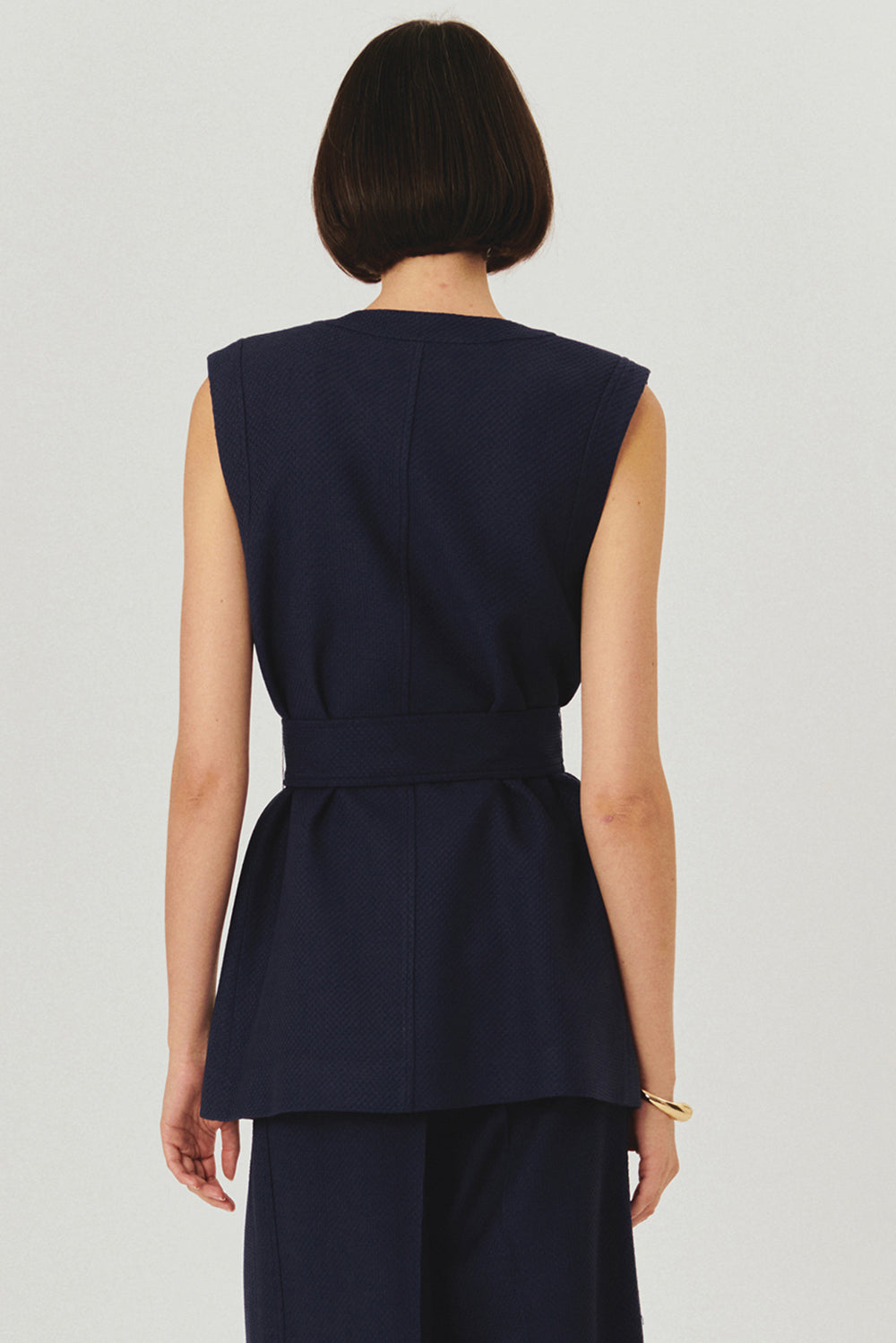 Gold Düğme Detaylı Kuşaklı Dokulu Kumaş Cepli Slim Fit Lacivert Yelek