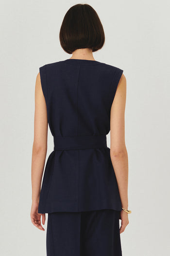 Gold Düğme Detaylı Kuşaklı Dokulu Kumaş Cepli Slim Fit Lacivert Yelek