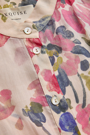 Bisiklet Yaka Önden Düğmeli Bele Oturan Kolsuz Floral Desen Elbise