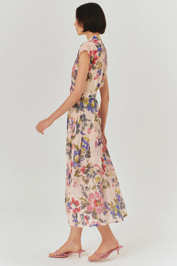 Bisiklet Yaka Önden Düğmeli Bele Oturan Kolsuz Floral Desen Elbise