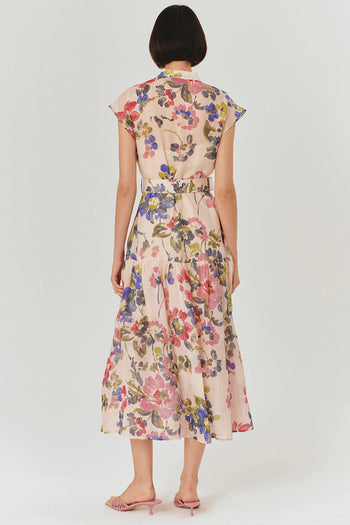 Bisiklet Yaka Önden Düğmeli Bele Oturan Kolsuz Floral Desen Elbise