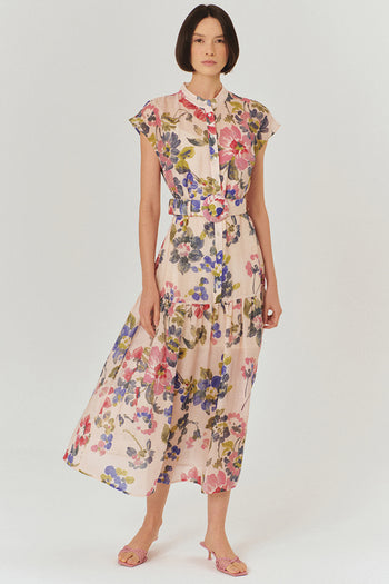 Bisiklet Yaka Önden Düğmeli Bele Oturan Kolsuz Floral Desen Elbise