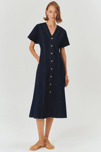 V Yaka Yarasa Kol Önden Düğmeli Regular Fit Midi Boy Elbise