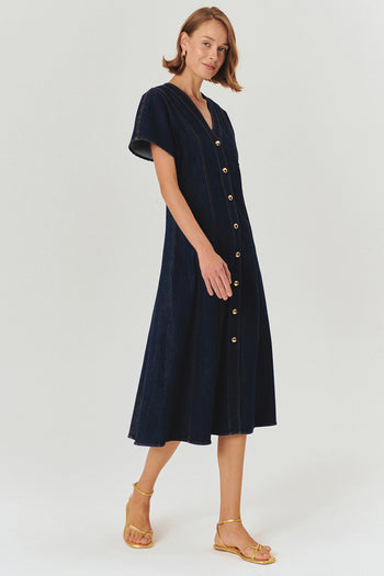 V Yaka Yarasa Kol Önden Düğmeli Regular Fit Midi Boy Elbise