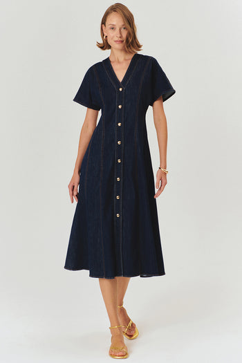 V Yaka Yarasa Kol Önden Düğmeli Regular Fit Midi Boy Elbise