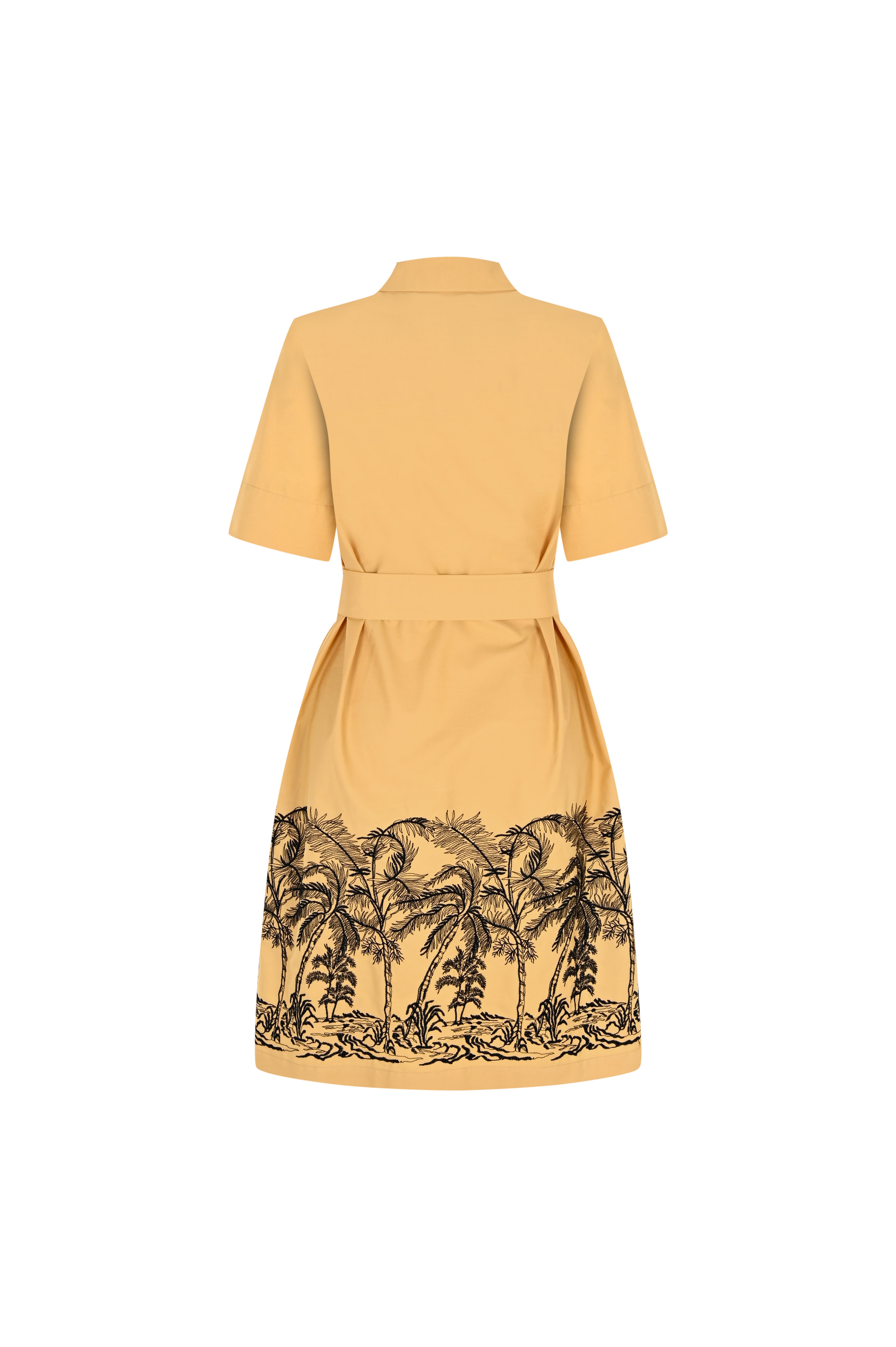 Gömlek Yaka Kemerli Etek Uçları Desenli Pamuklu Diz Üstü Elbise