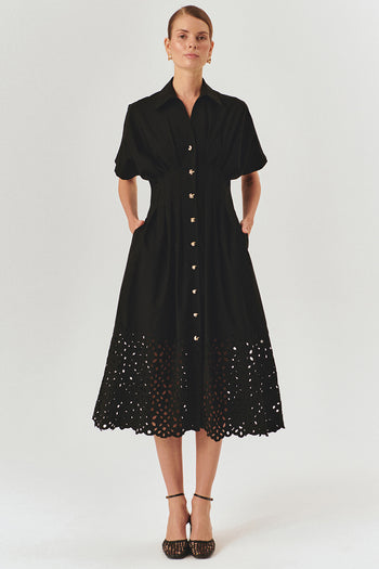 Düşük Kol Önden Düğmeli Etek Uçları Fistolu Bele Oturan Midi Boy Gömlek Elbise