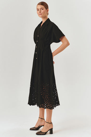 Düşük Kol Önden Düğmeli Etek Uçları Fistolu Bele Oturan Midi Boy Gömlek Elbise