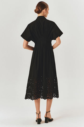 Düşük Kol Önden Düğmeli Etek Uçları Fistolu Bele Oturan Midi Boy Gömlek Elbise