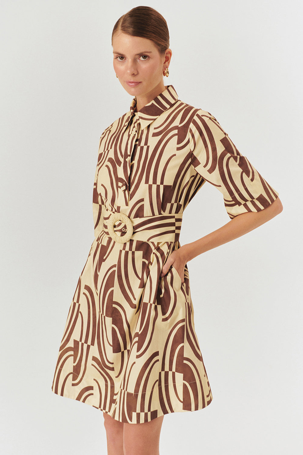 Soyut Desenli Tokalı Kemer Detaylı Pamuklu Gömlek Yaka Regular Elbise