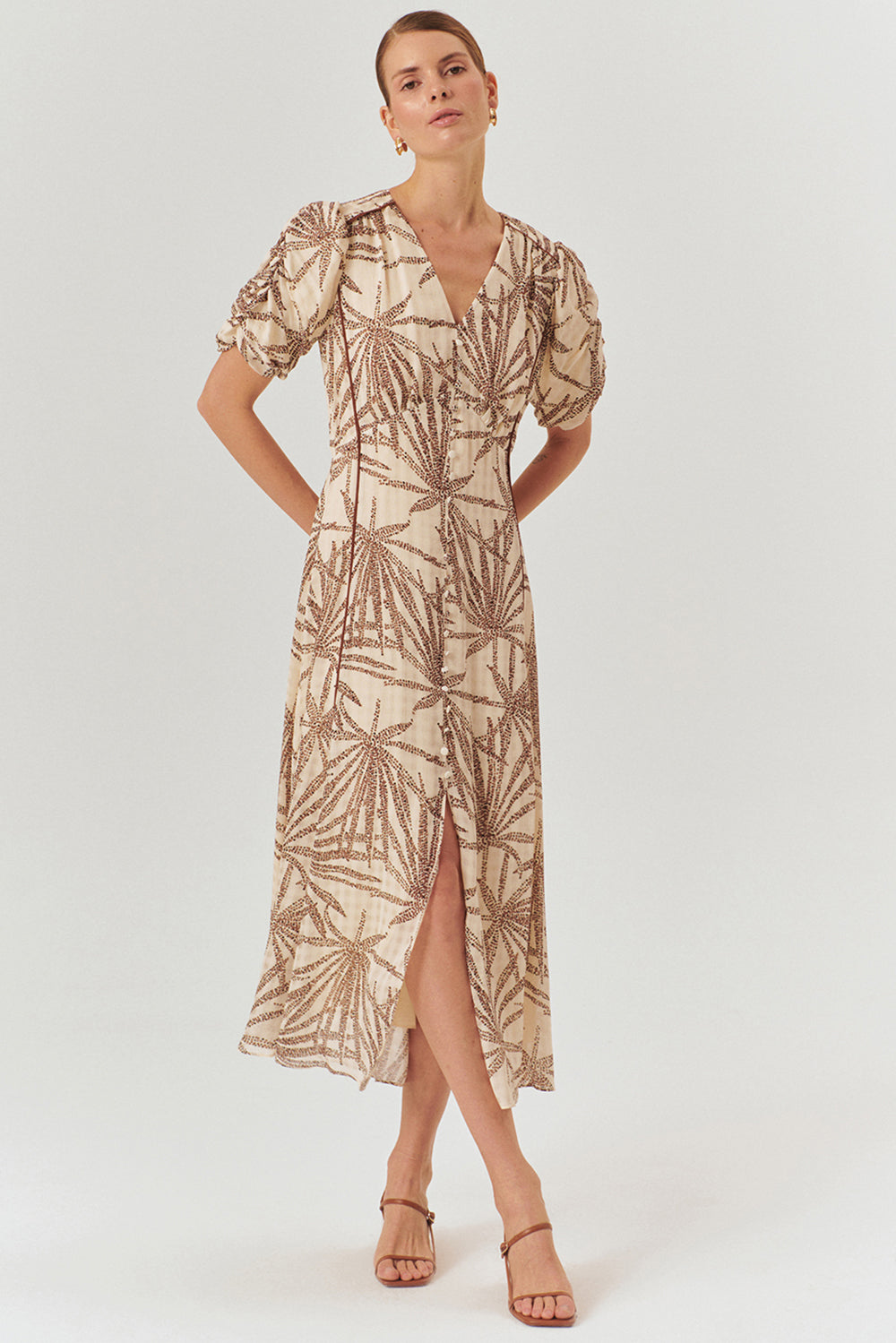 Desenli Balon Kol V Yaka Düğmeli Regular Midi Rayon Şifon Elbise