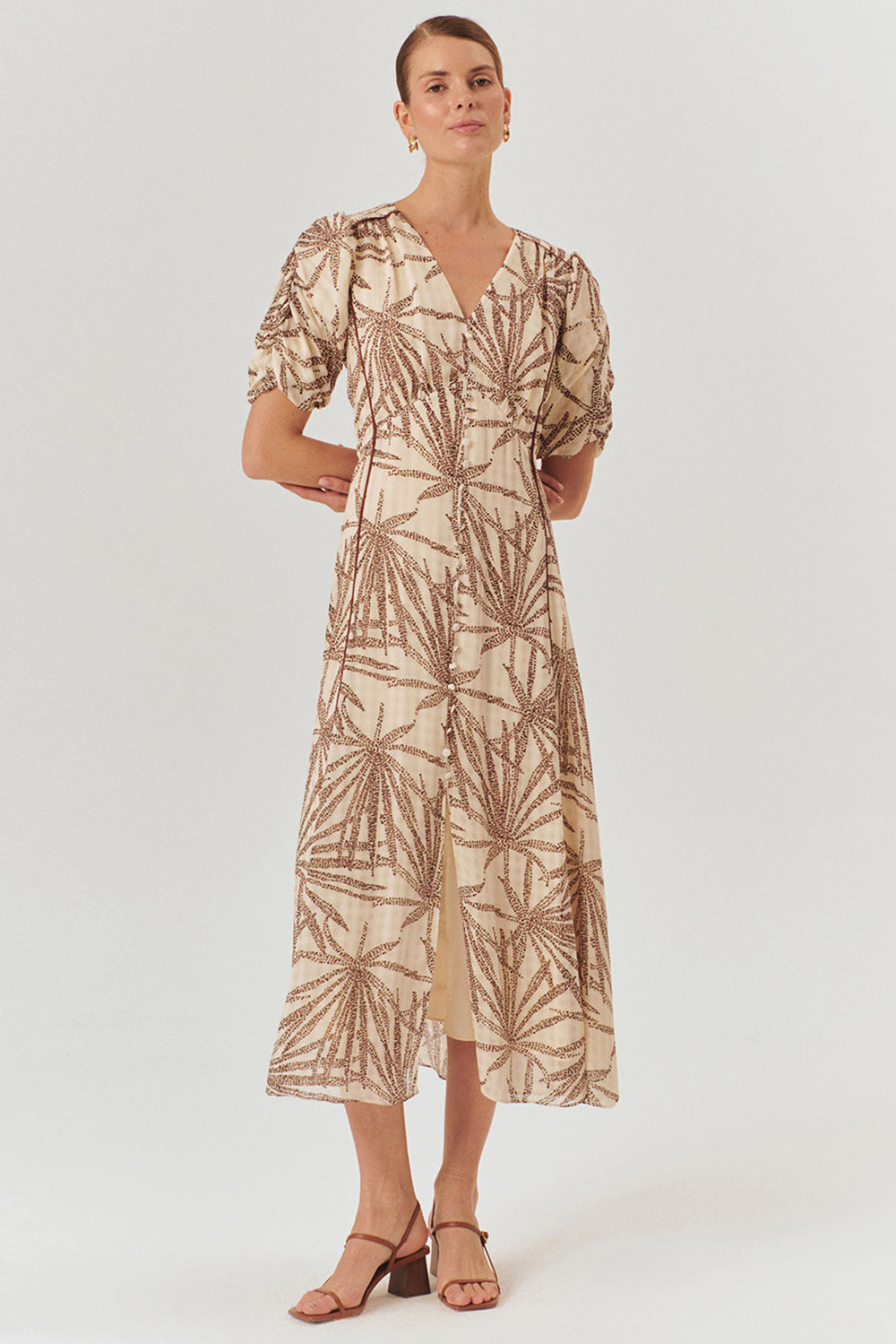 Desenli Balon Kol V Yaka Düğmeli Regular Midi Rayon Şifon Elbise