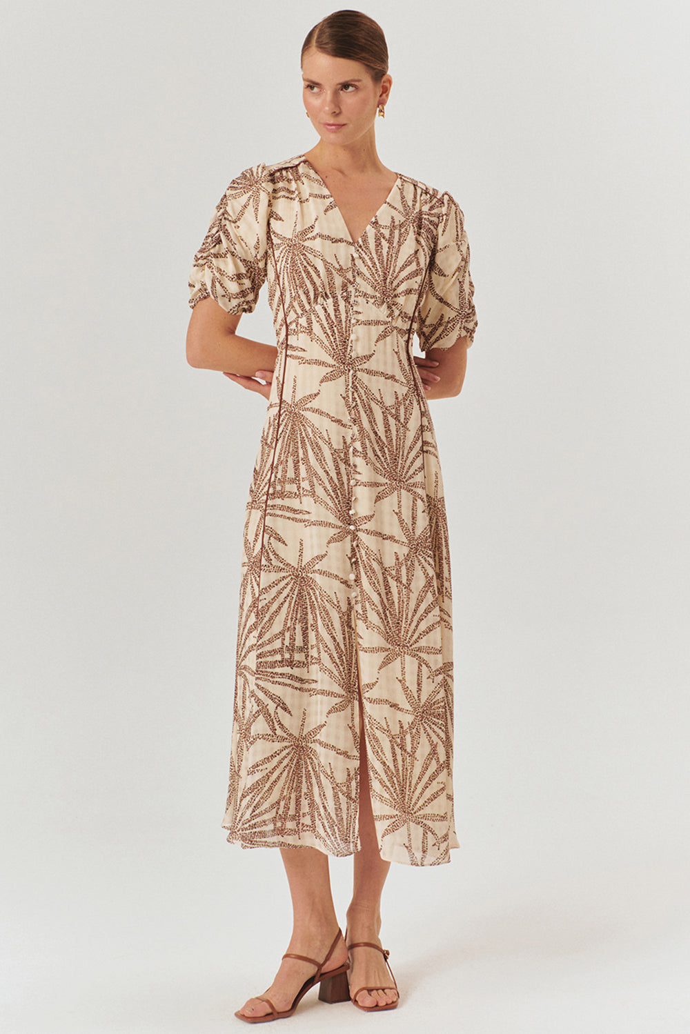 Desenli Balon Kol V Yaka Düğmeli Regular Midi Rayon Şifon Elbise