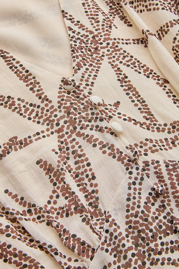 Desenli Balon Kol V Yaka Düğmeli Regular Midi Rayon Şifon Elbise