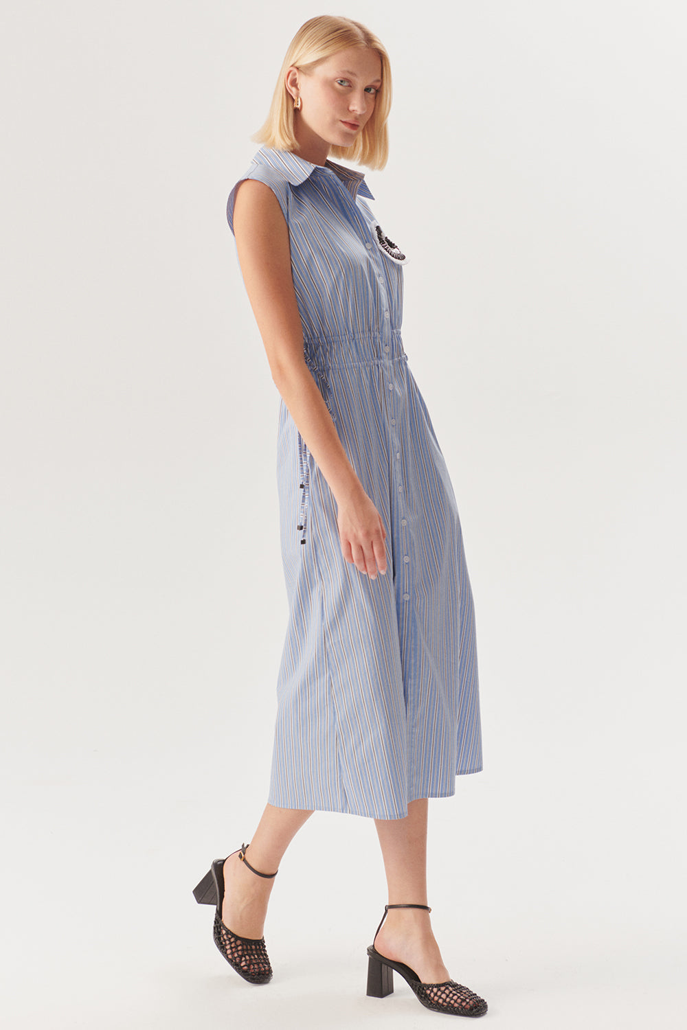 Beli Lastikli Bağcık Detaylı Mavi Çizgili Pamuklu Midi Gömlek Elbise