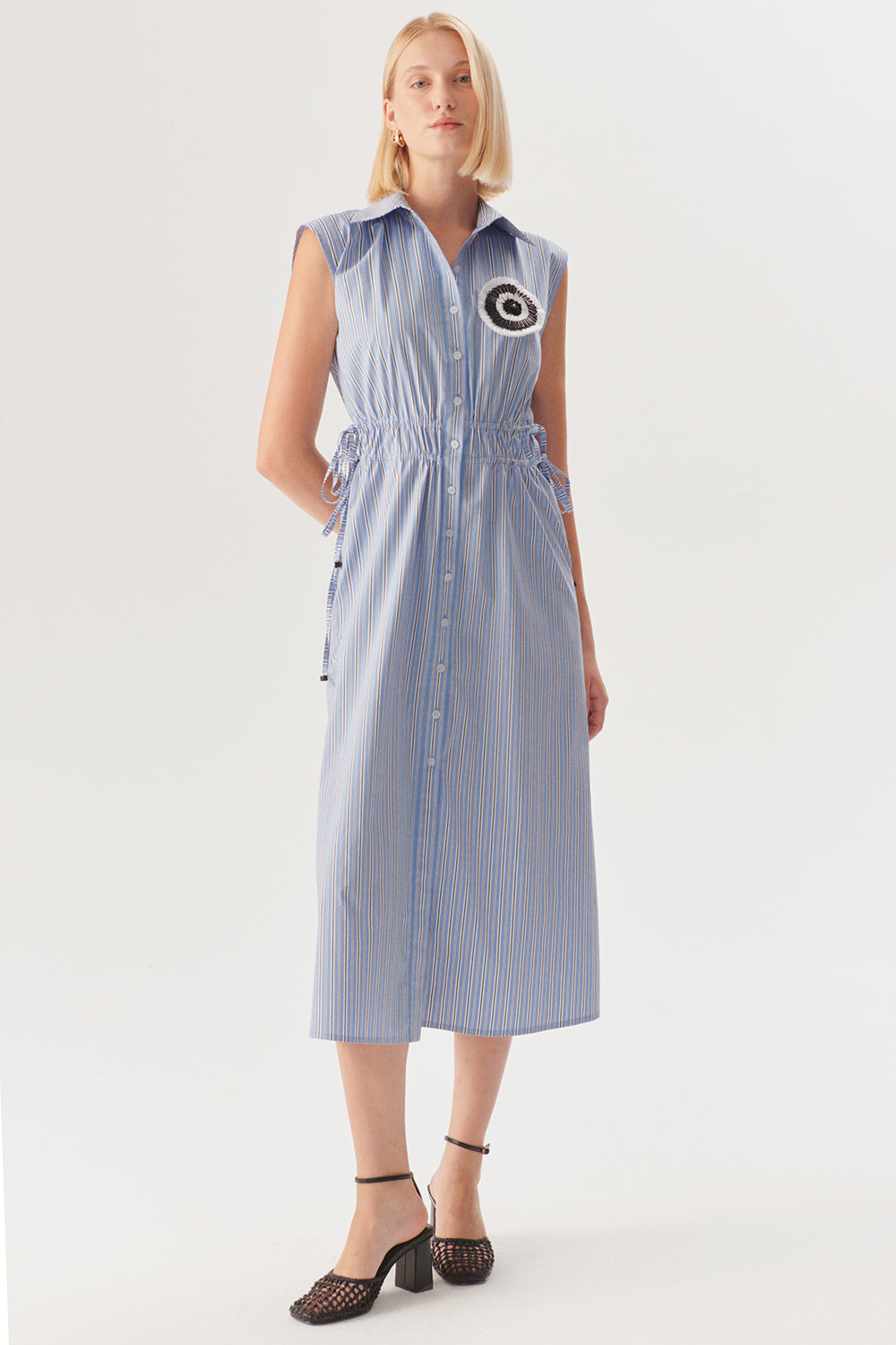 Beli Lastikli Bağcık Detaylı Mavi Çizgili Pamuklu Midi Gömlek Elbise