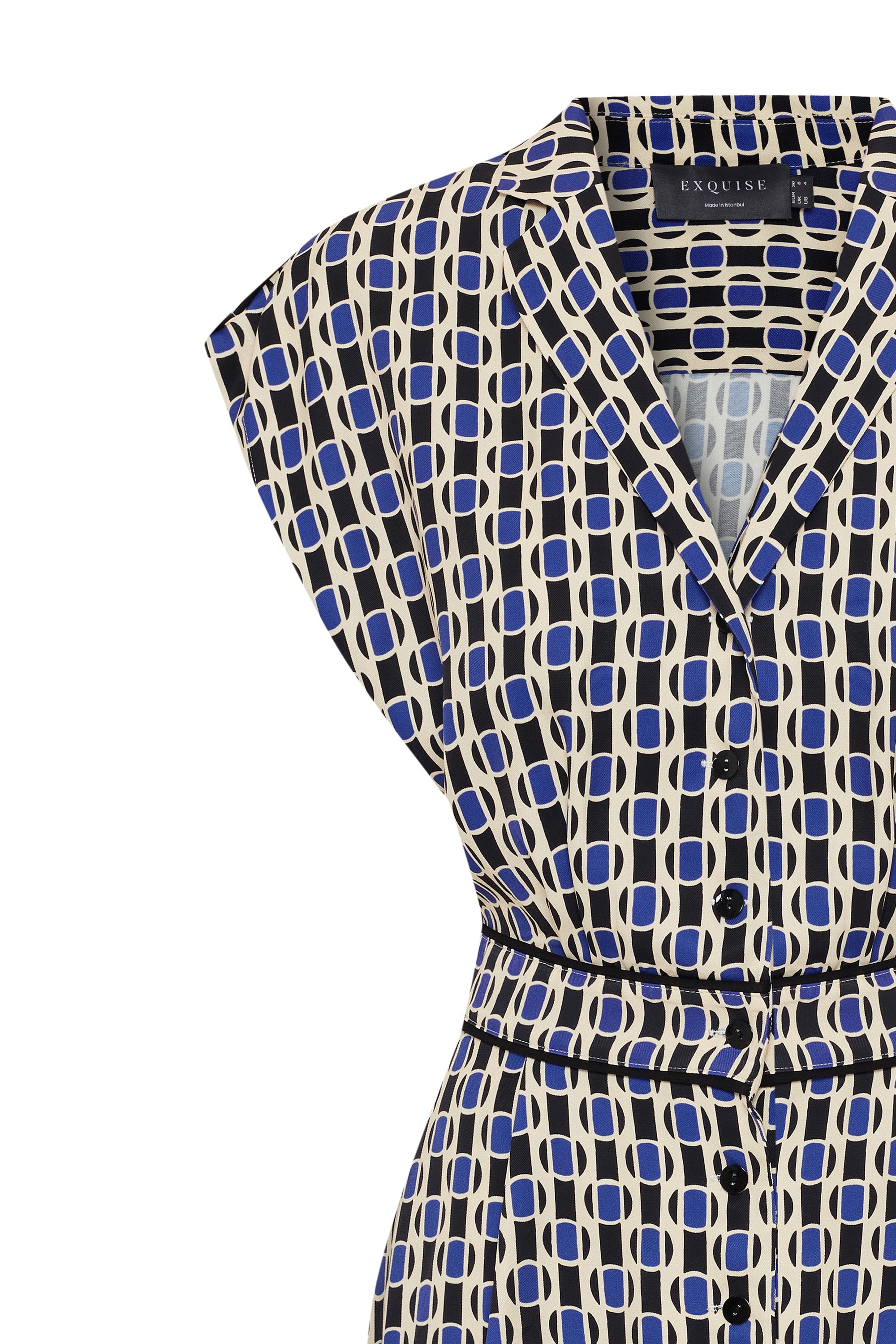 Geometrik Desenli Bel Detaylı Midi Gömlek Elbise