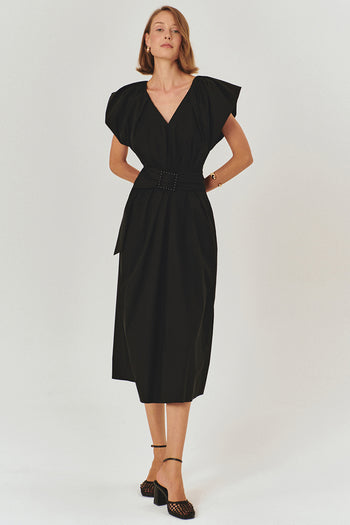 Kemer Detaylı V Yaka Pamuklu Siyah Regular Midi Elbise