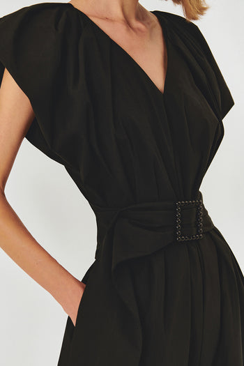 Kemer Detaylı V Yaka Pamuklu Siyah Regular Midi Elbise