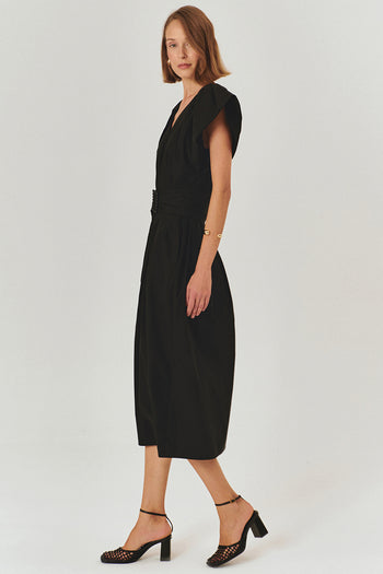 Kemer Detaylı V Yaka Pamuklu Siyah Regular Midi Elbise