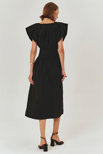 Kemer Detaylı V Yaka Pamuklu Siyah Regular Midi Elbise