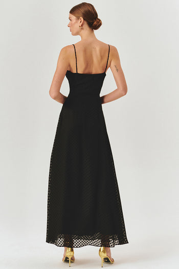 Puantiye Detaylı Bele Oturan Askılı Siyah Maxi Elbise