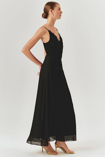 Puantiye Detaylı Bele Oturan Askılı Siyah Maxi Elbise