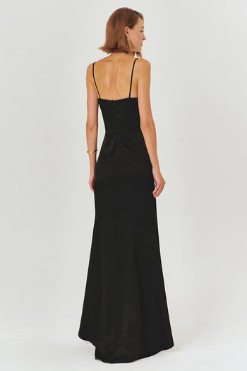 Askılı A Kesim Regular Fit Siyah Saten Maxi Elbise