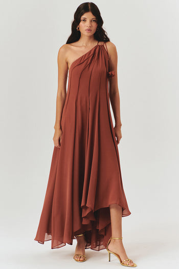 Bağlama Detaylı A Kesim Pileli Kahverengi Elbise