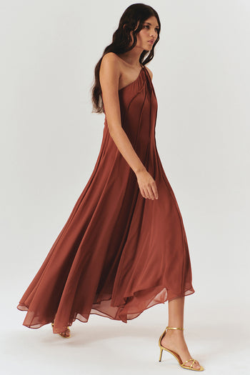 Bağlama Detaylı A Kesim Pileli Kahverengi Elbise