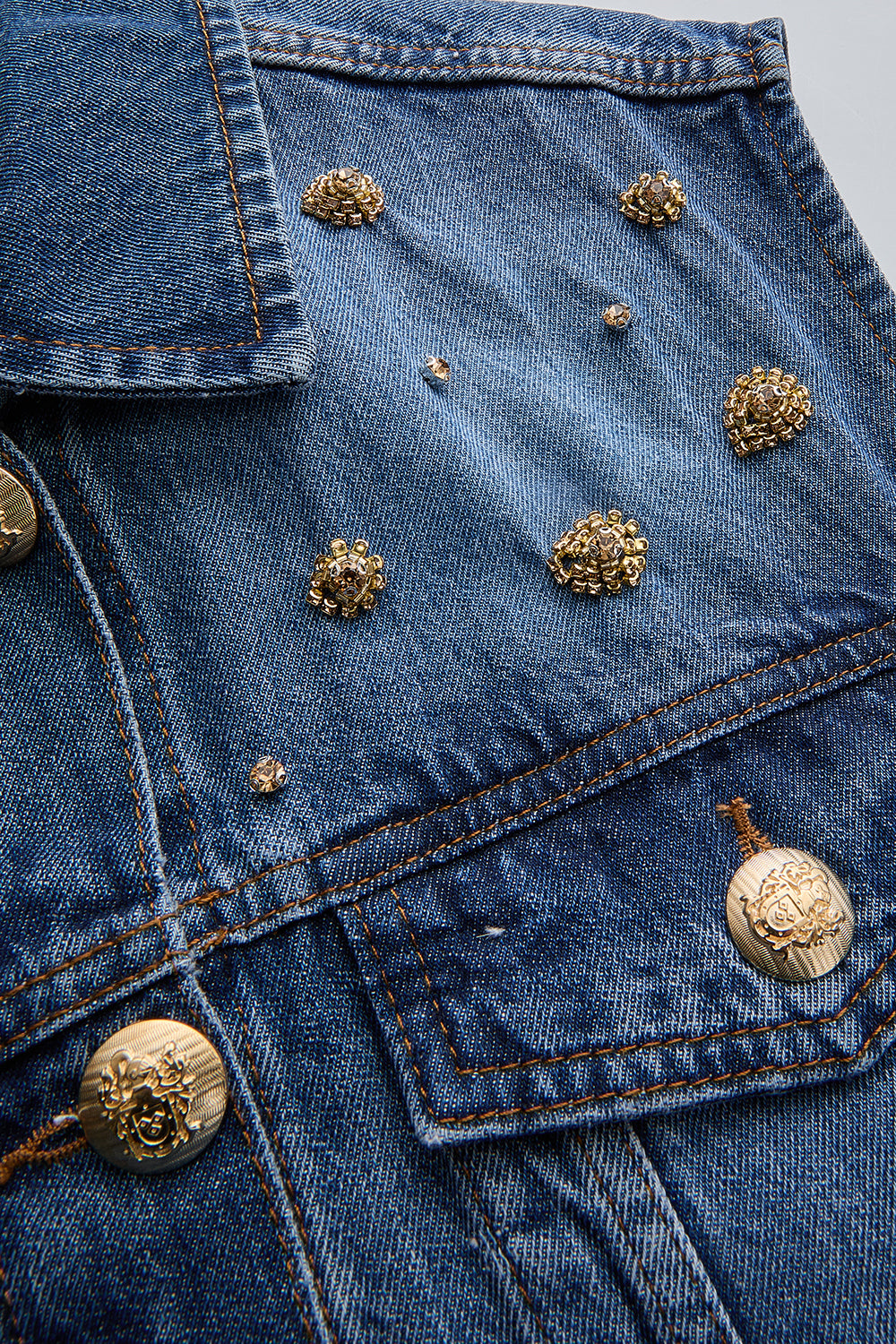 Taş Detaylı Pamuk İndigo Denim Yelek