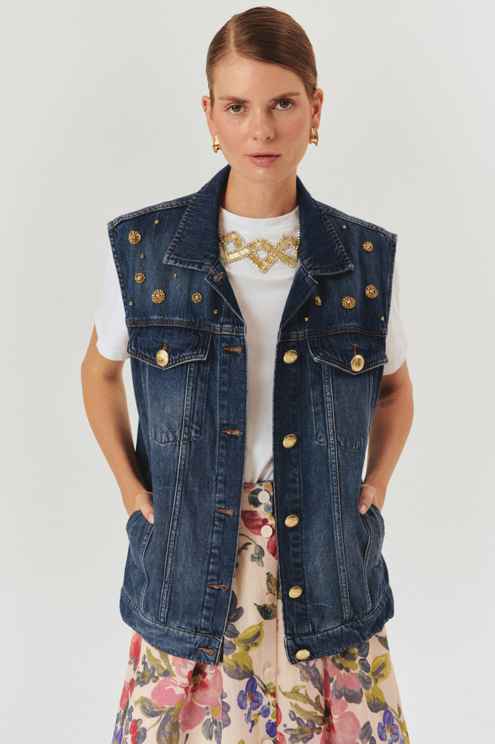 Taş Detaylı Pamuk İndigo Denim Yelek