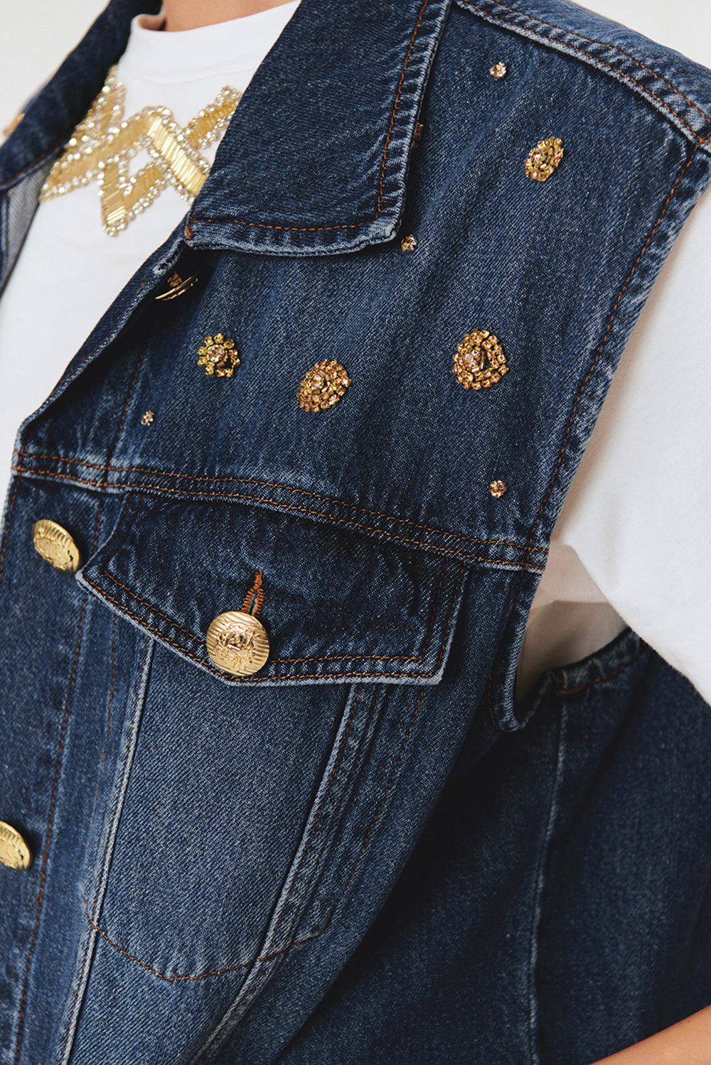 Taş Detaylı Pamuk İndigo Denim Yelek