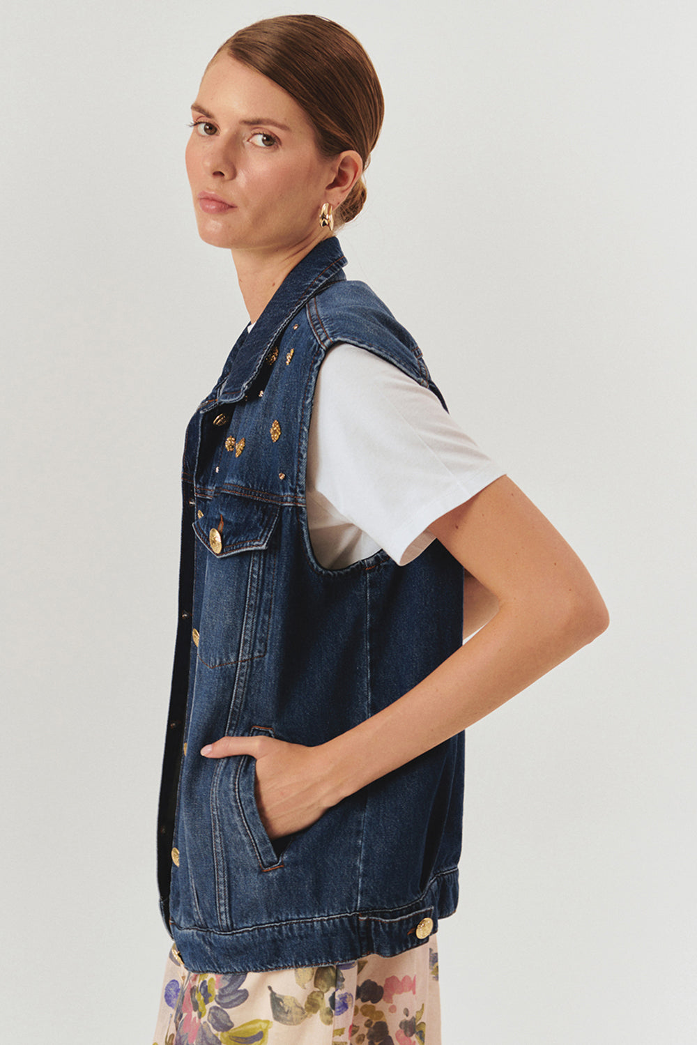 Taş Detaylı Pamuk İndigo Denim Yelek