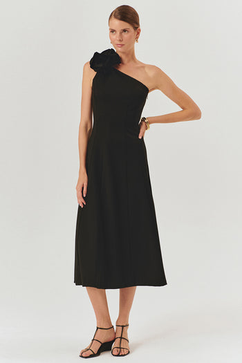 Siyah Tek Omuzlu Çiçek Detaylı A Kesim Midi Elbise