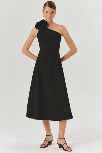 Siyah Tek Omuzlu Çiçek Detaylı A Kesim Midi Elbise