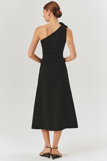 Siyah Tek Omuzlu Çiçek Detaylı A Kesim Midi Elbise