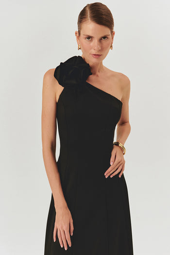 Siyah Tek Omuzlu Çiçek Detaylı A Kesim Midi Elbise