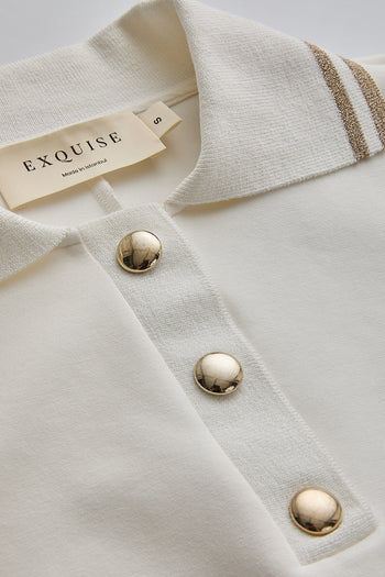 Ekru Düğme Detaylı Polo Yaka Regular Örme Tişört