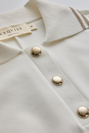 Ekru Düğme Detaylı Polo Yaka Regular Örme Tişört