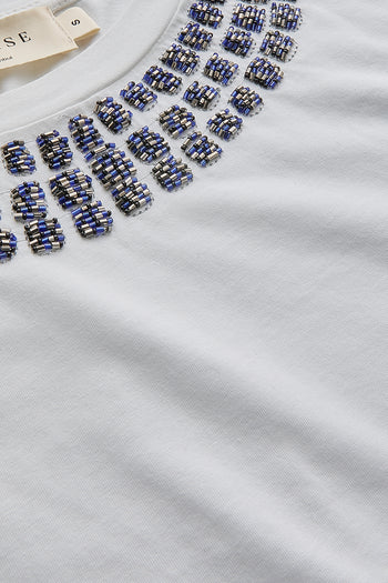 Yakası İşleme Detaylı Bisiklet Yaka Beyaz Regular Pamuklu Örme Tişört