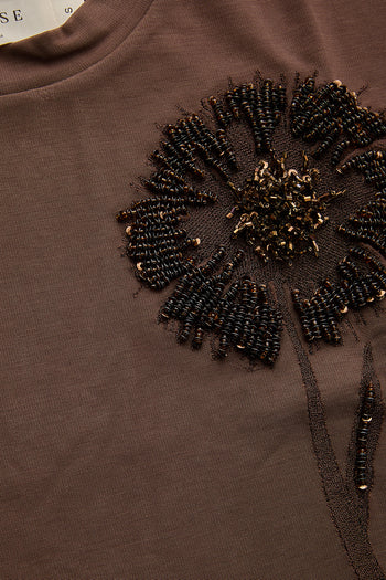 İşleme Detaylı Kahverengi Crop Modal Karışımlı Örme Tişört