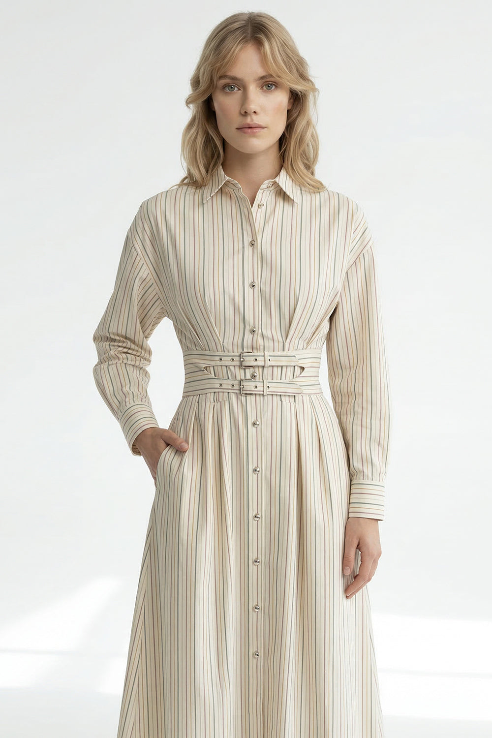 Uzun Kollu Kemerli Regular Midi Gömlek Bej Elbise