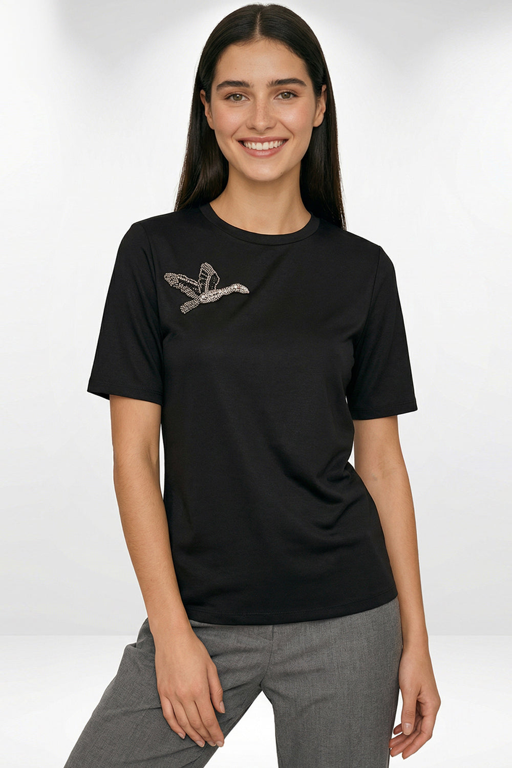 Bisiklet Yaka Kuş İşlemeli Kısa Kollu Örme T-Shirt