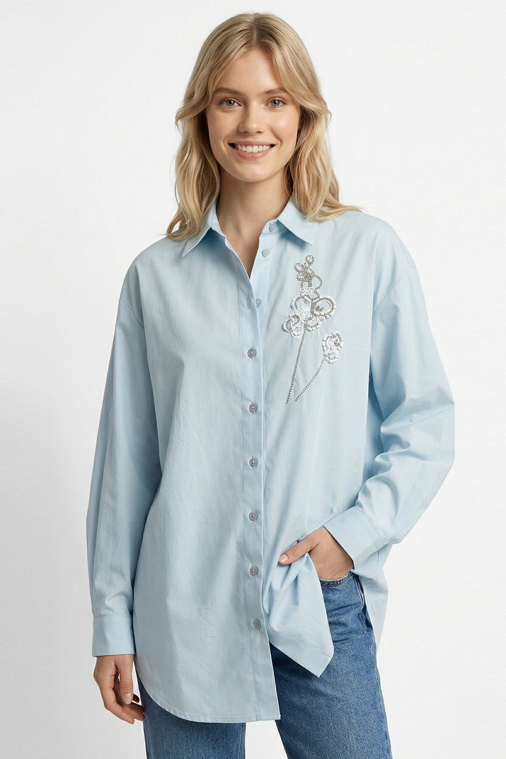 Gömlek Yaka Uzun Kollu Manşetli İşlemeli Mavi Regular Gömlek