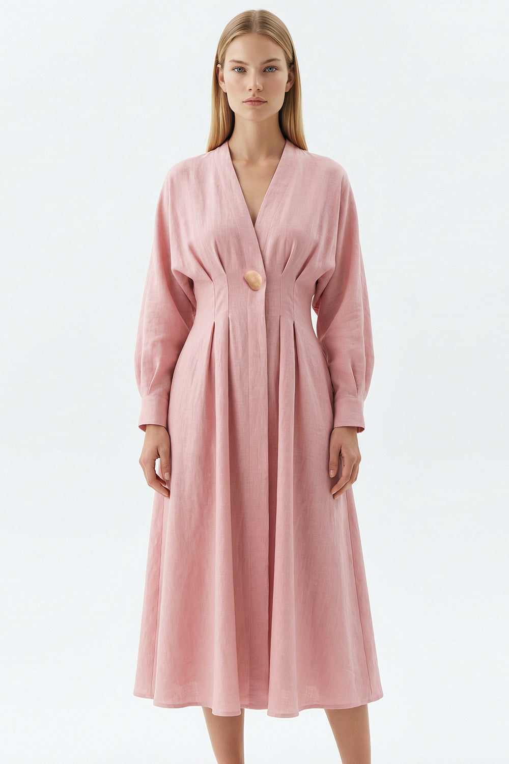 Uzun Kollu Bele Oturan V Yaka Slim Fit Keten Midi Pembe Elbise