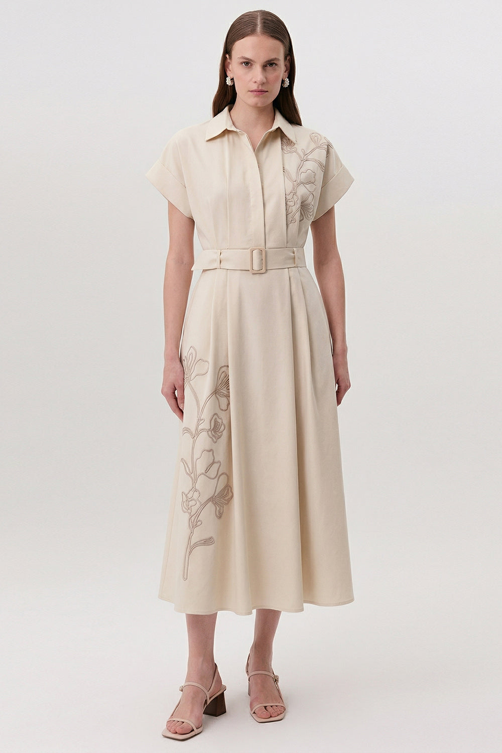 Gömlek Yaka Kısa Kollu Kemerli Cepli Regular Midi Krem Elbise